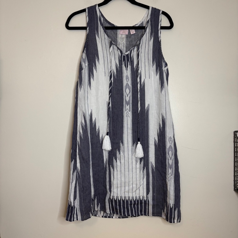 St. Tropez West Linen Sleeveless Dress Striped Tassel Boho Summer